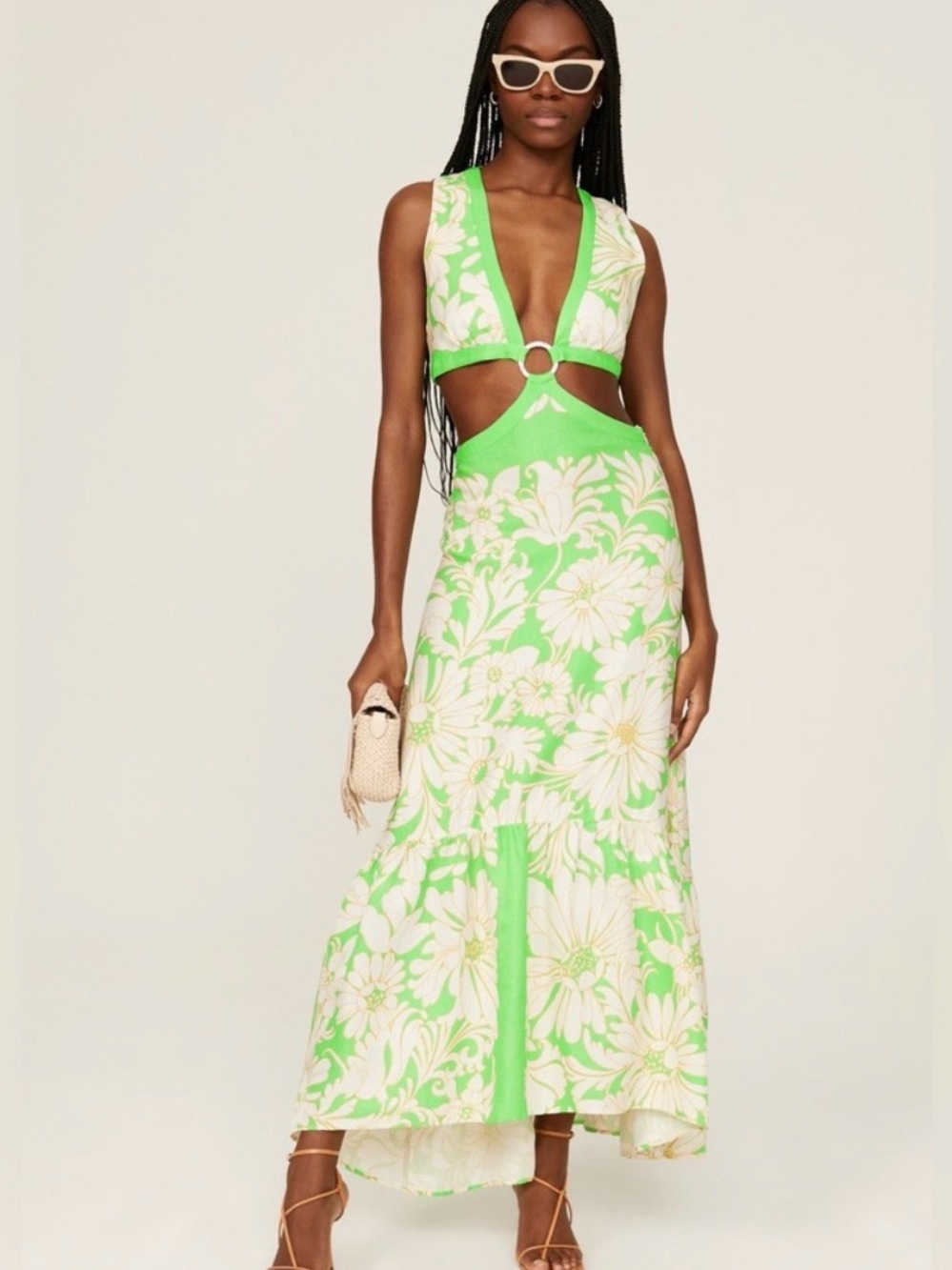 Sandro Green Floral Cutout Maxi Dress